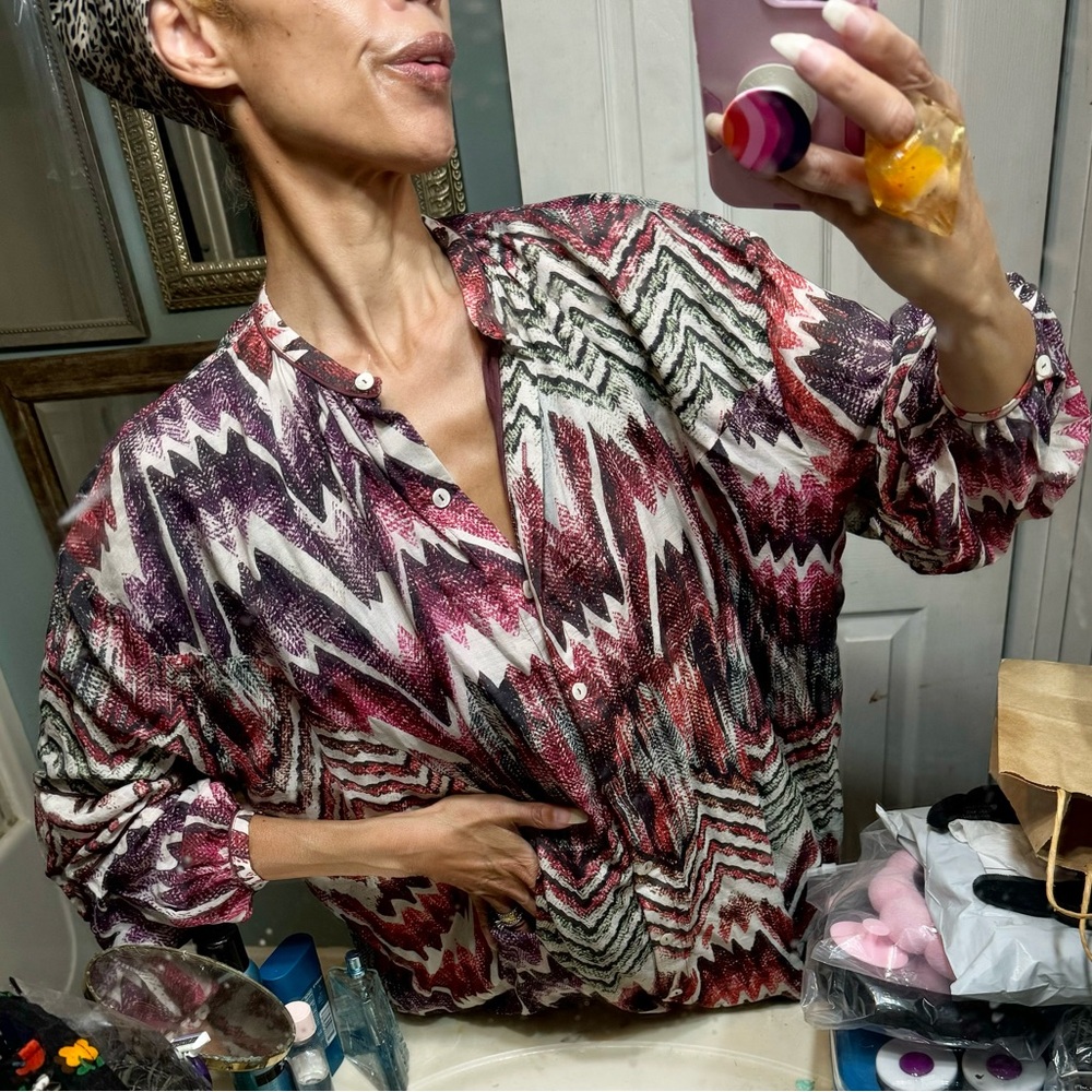 Chufy dolce vita silk cotton balloon sleeve dress blouse pockets lined shirt top